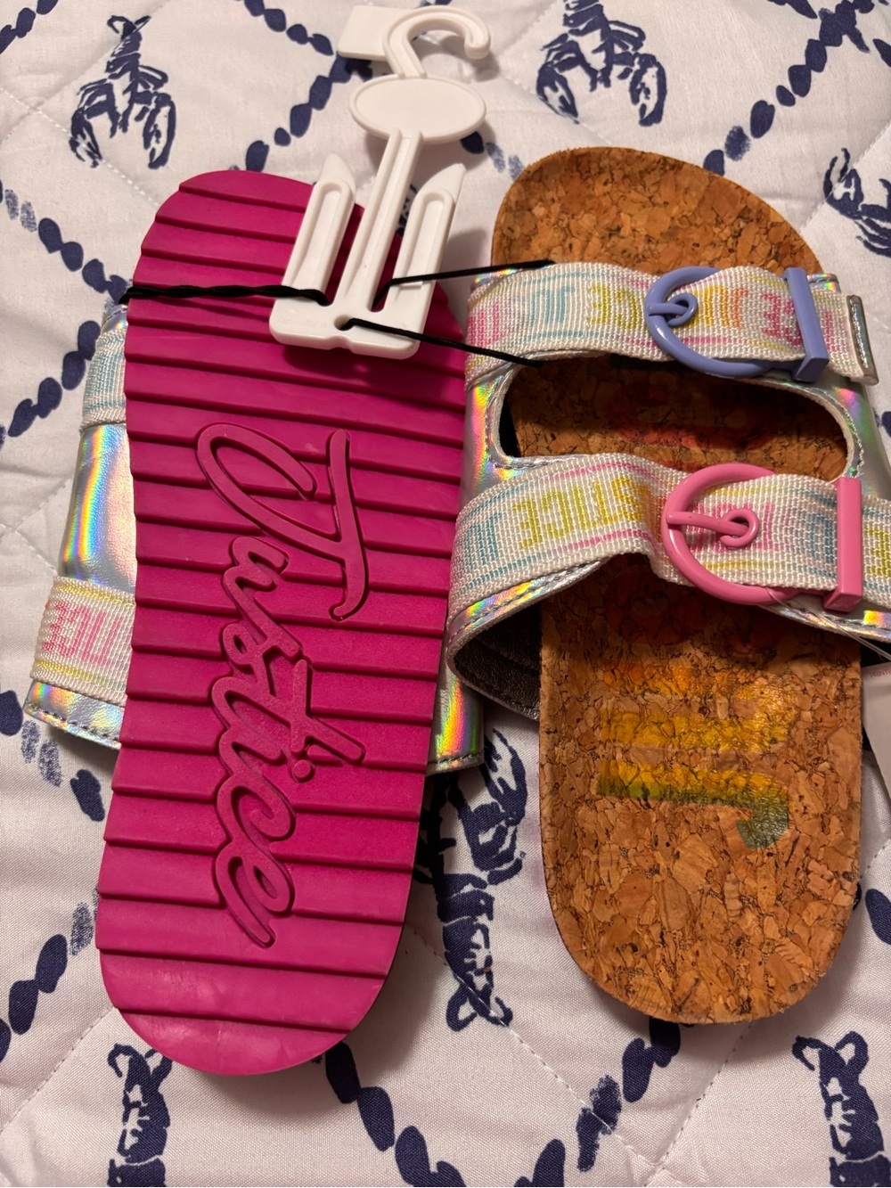 Justice Girls Iridescent Cork Slide Sandals with Pink & Lavender Buckles